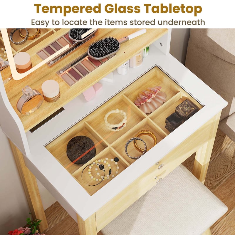Costway Small Vanity Desk Set with Adjustable LED Lighted Mirror and