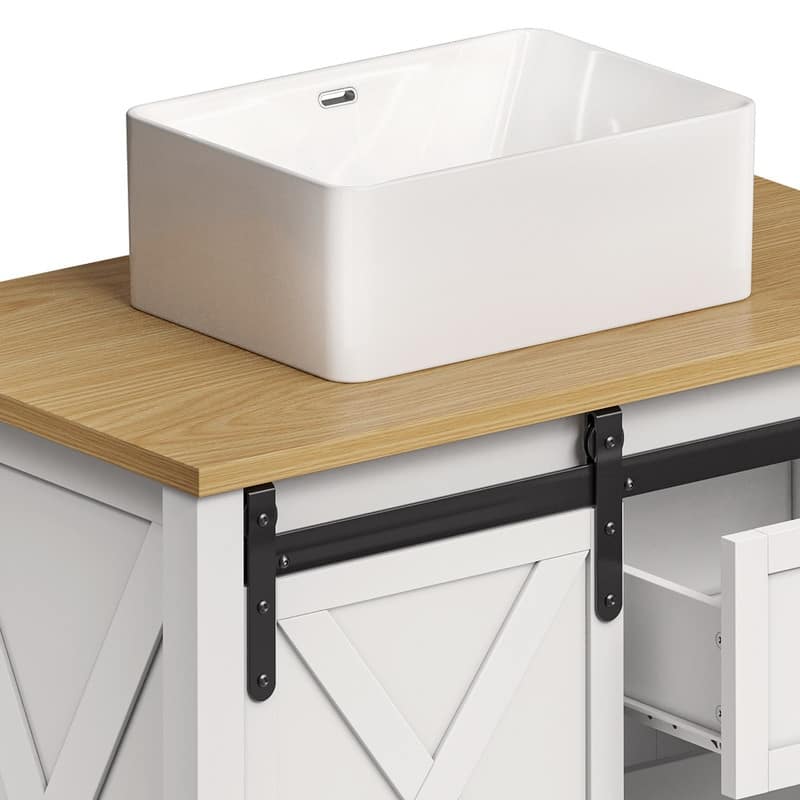 Moasis Farmhouse Bathroom Vanity Cabinet with Ceramic Sink Basin and Sliding-Door Cabinet & 3 Drawers