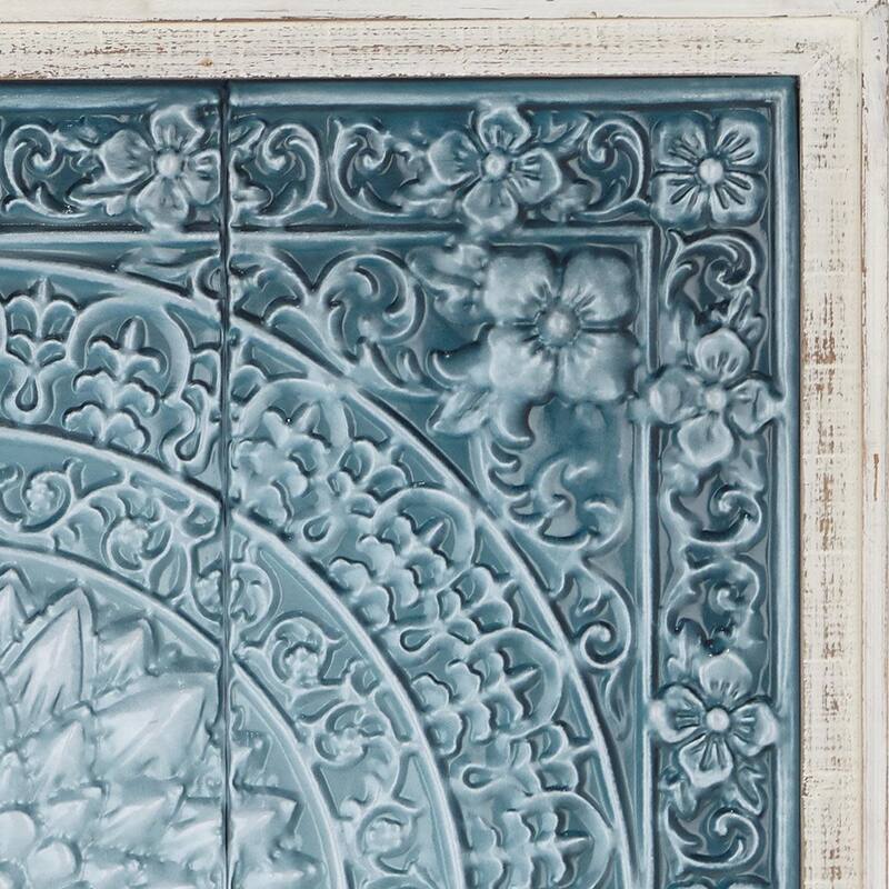 Metal Floral Embossed Mandala Scroll Home Wall Decor with White Wood Frame - Blue or Brown - Roche River Decor