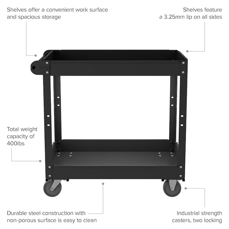 Hirsh 2-Tier Metal Utility Cart Storage Service Tool Trolley, Holds up to 400 lb, 30 x 16, Black - 6.100 X 18.500 X 33.070