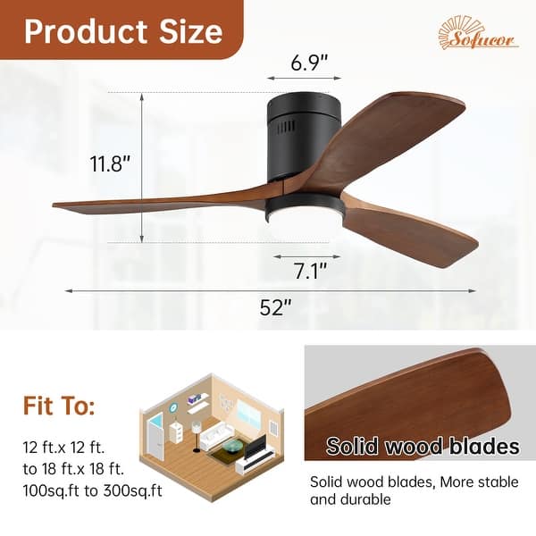 dimension image slide 12 of 14, Sofucor 48/52/56/60 Inch Solid Wood Ceiling Fan with Light and Remote, Reverse Functions, Integrated Light Optional