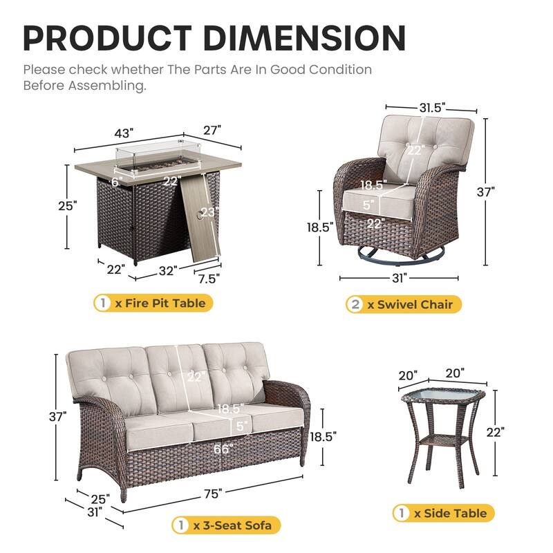 Gymojoy Outdoor Wicker Patio Furniture Sofa Set with 55,000 BTU Fire Pit Table, Swivel Chairs, Ottomans & Side Tables