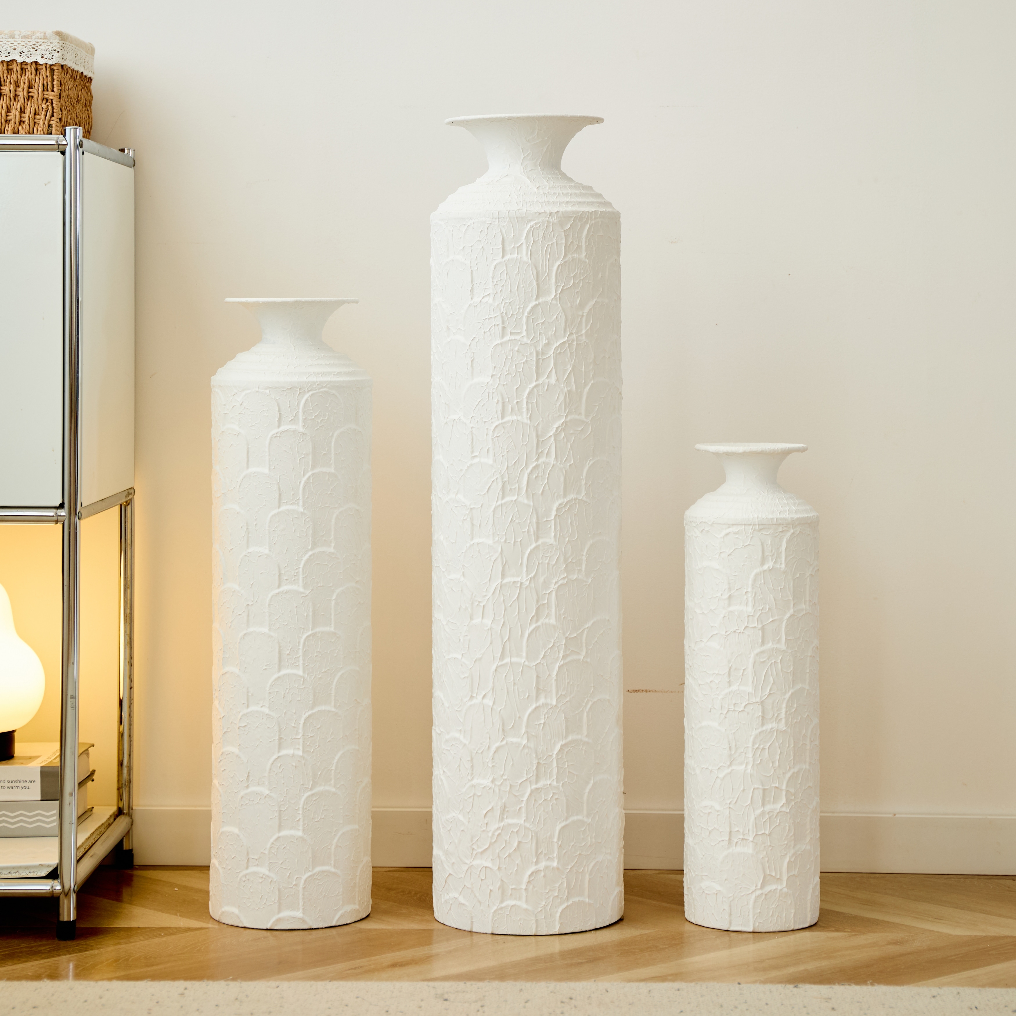3-Piece Modern Metal Floor Vase Set, Textured White, 33.46" 25.59" 19.69" Tall, Large Decorative Floor Vases, Not Waterproof