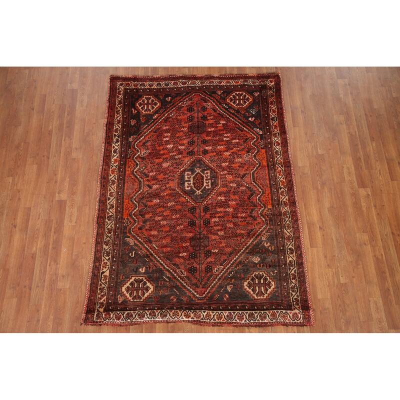 Hand Knotted Oriental 100% Wool Carpet Traditional Tribal Red Qashqai Area Rug - 6' 8'' X 4' 11''