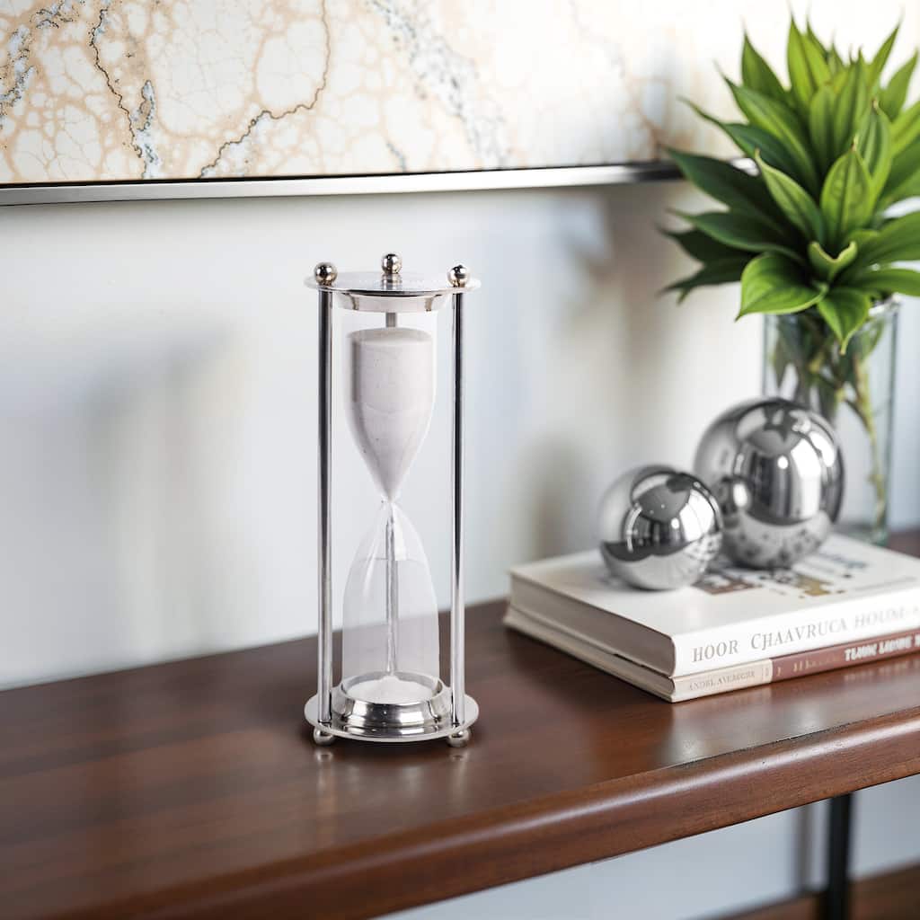 Metal Glass Decorarive Hourglass Object Metallic Finish - 11" Silver - 4" x 4" x 11"