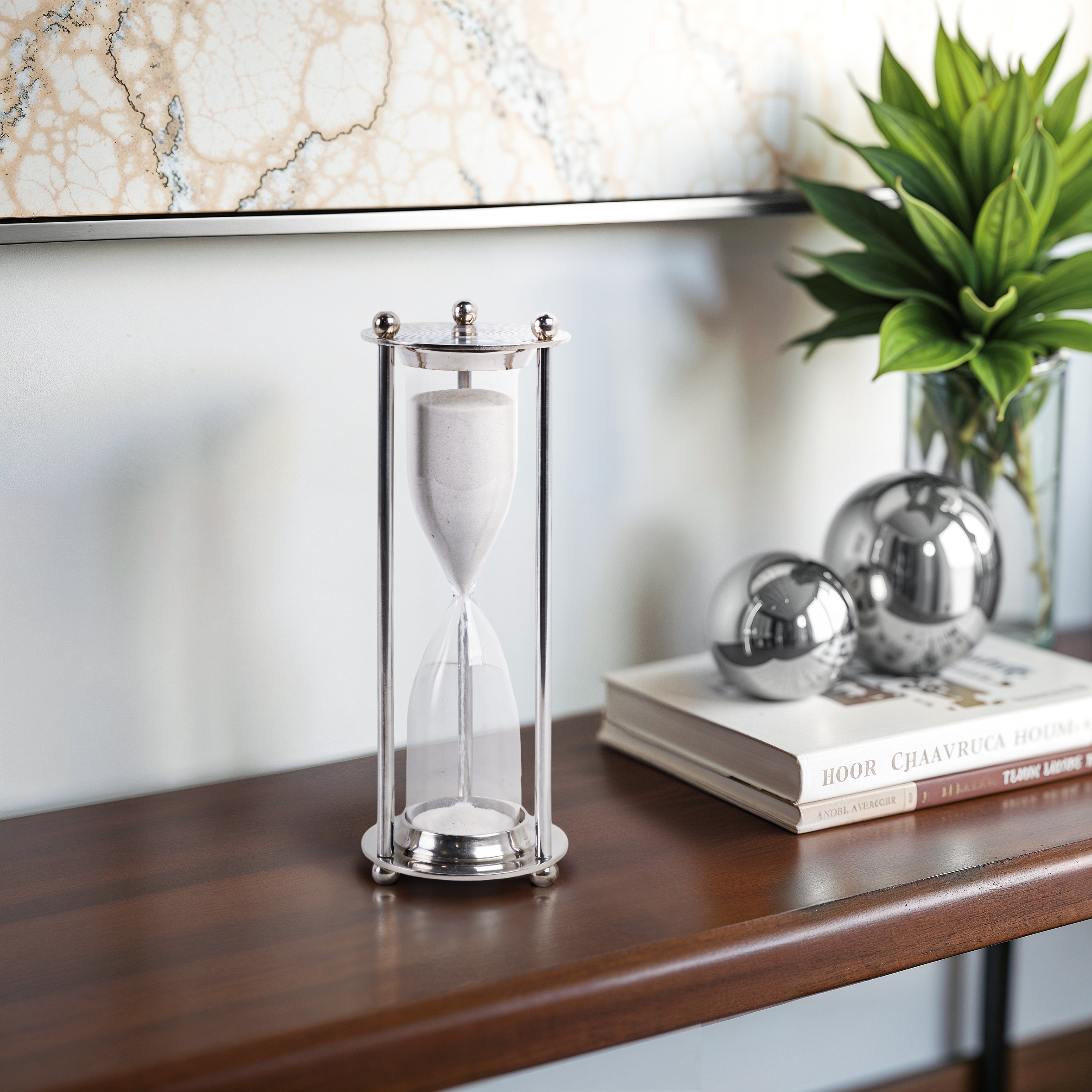 Metal Glass Decorarive Hourglass Object Metallic Finish - 11" Silver - 4" x 4" x 11"