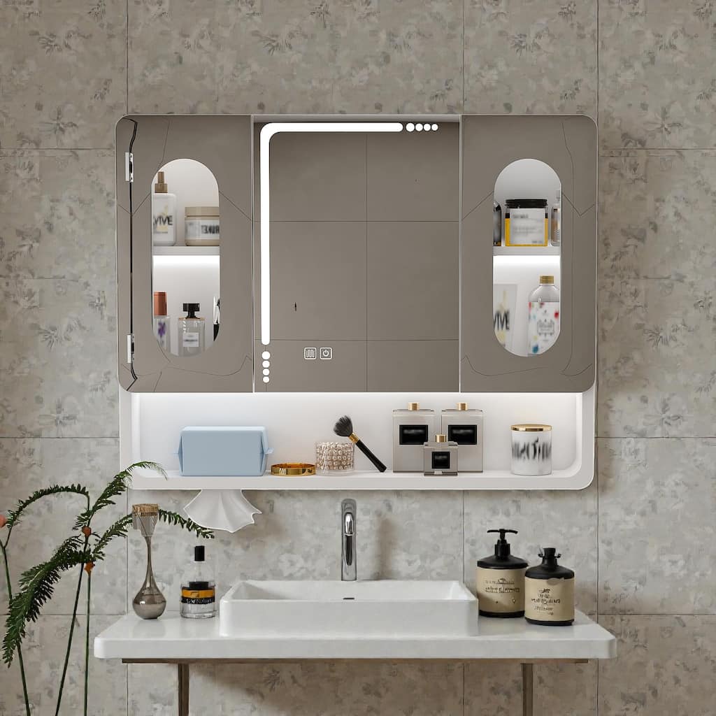 LED Lighted Bathroom Medicine Cabinet with Mirror, Wall Mounted Aluminum Storage Cabinet with Anti-Fog and Touch Control