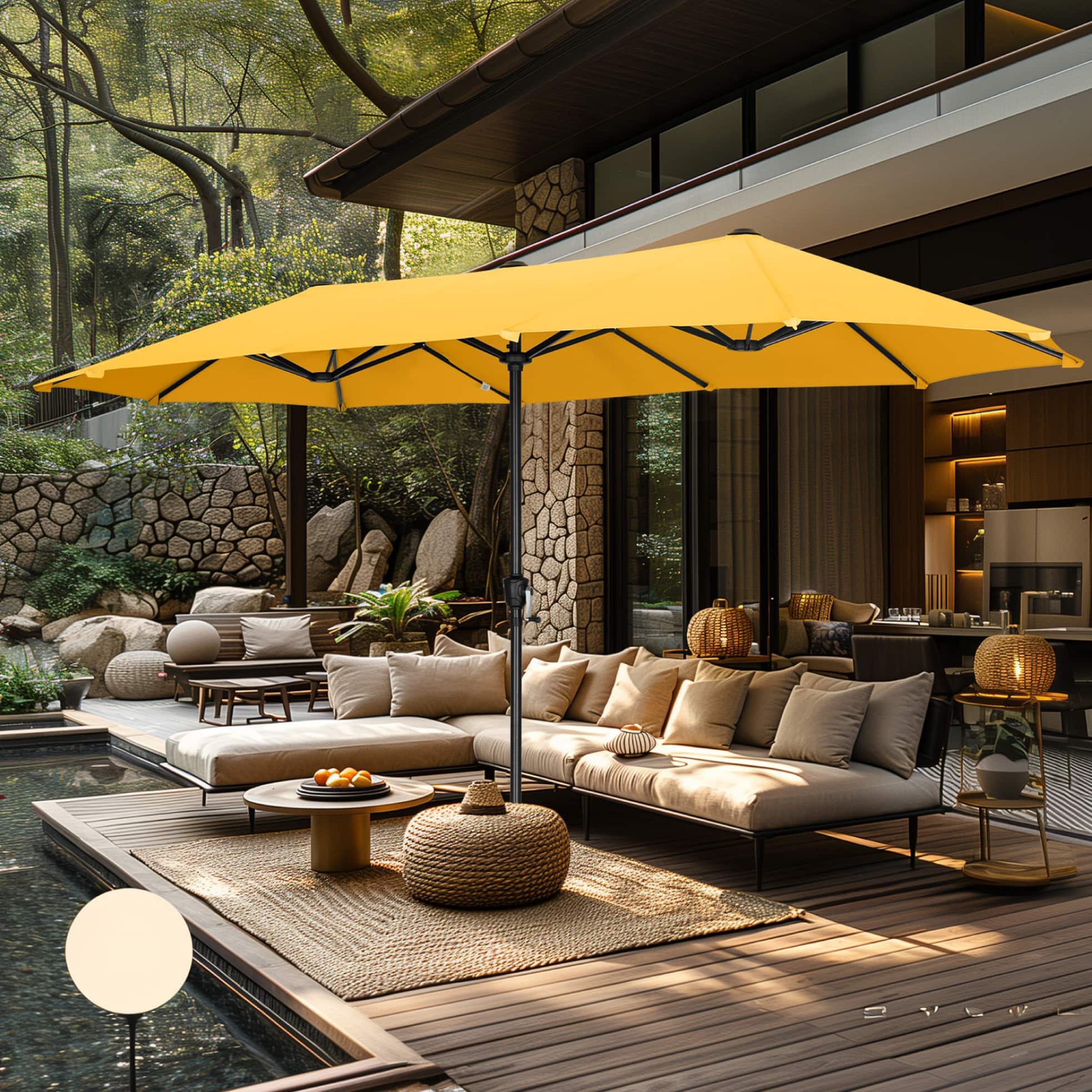 large industrial patio umbrellas Jardinico Giant Sidepost Crank Lift Umbrella JCP.401 Convenient LED Lighting SunVilla 16.4' x 16.4' Telescopic