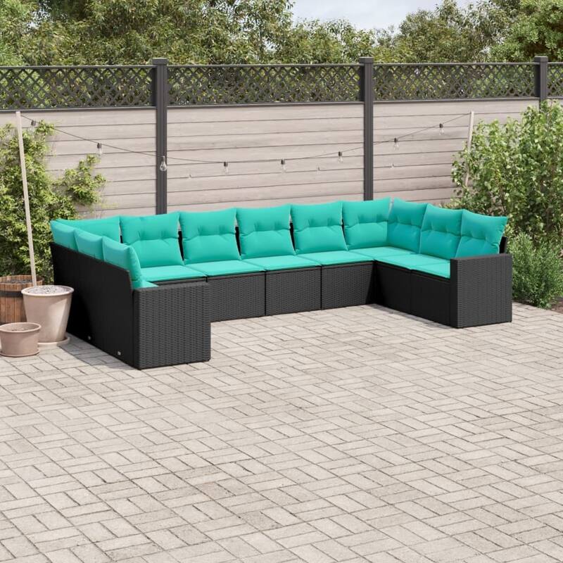 vidaXL 10/11 Piece Patio Sofa Set with Cushions Black Poly Rattan - 24.4" x 24.4" x 27.2" - Black and blue-Without table