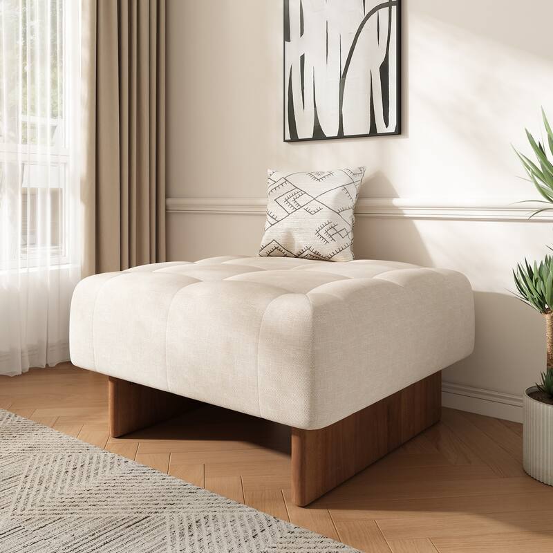 Square Upholstered Tufted Linen Fabric Ottoman, Solid Wood Legs, Beige - Beige