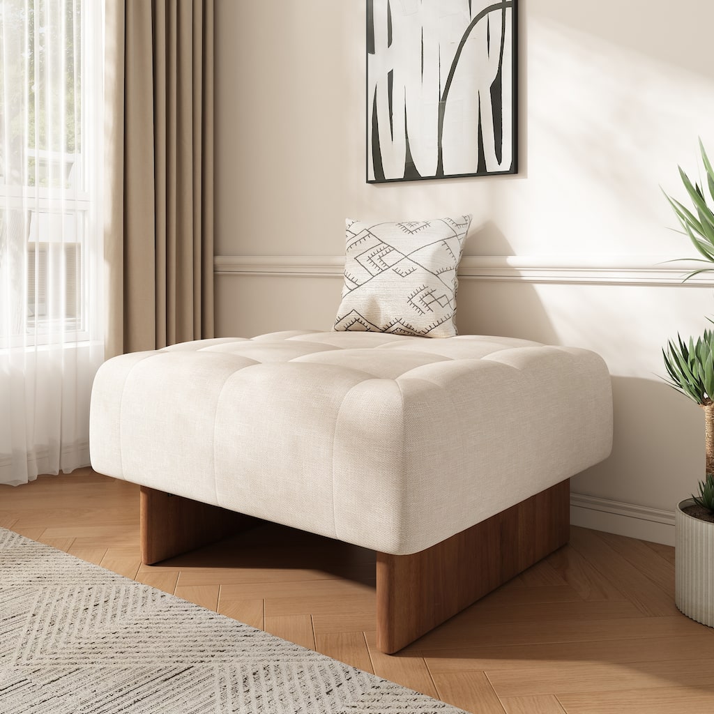 Tufted Linen Square Ottoman with Solid Wood Legs - Beige Elegant Design