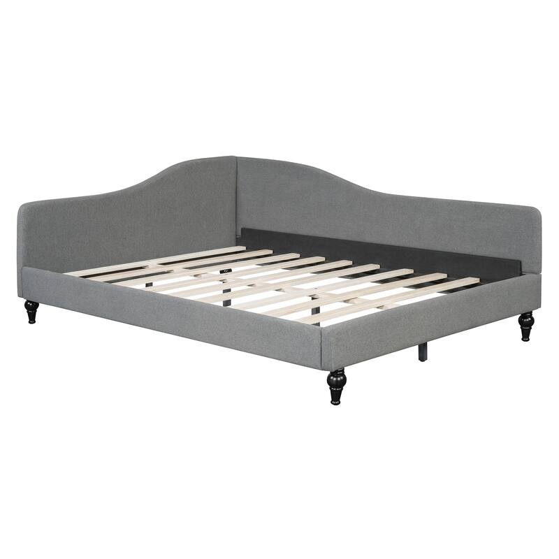 Twin/Full Size Upholstered Daybed, Linen Fabric Sofa Bed with Solid Wood Legs and L Shaped Backrest, Solid Wood Bedframe