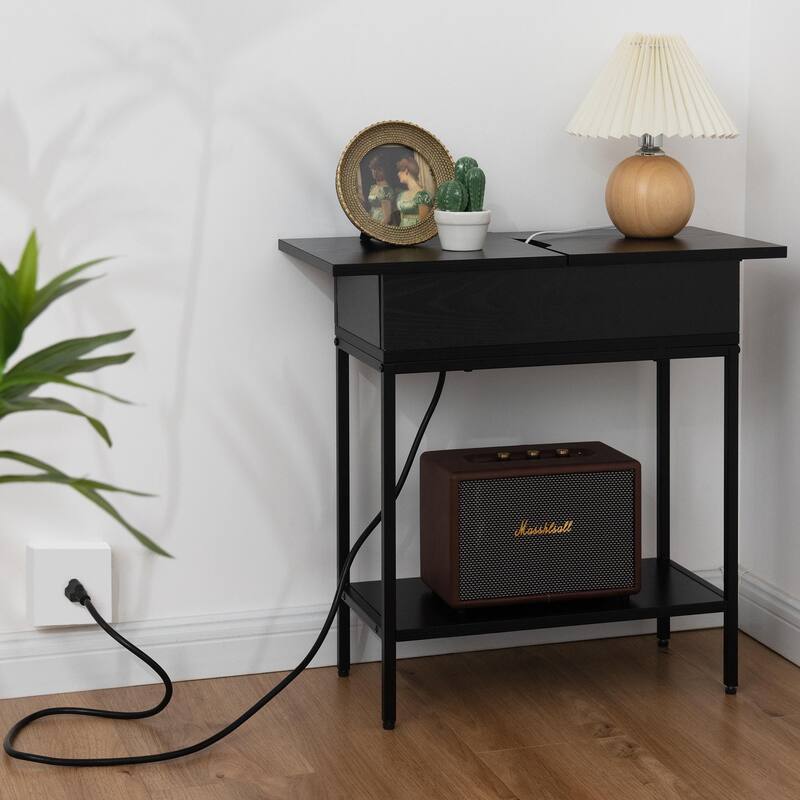 Flip Top Narrow End Table with Storage and Built-In Outlets, Small Side Table