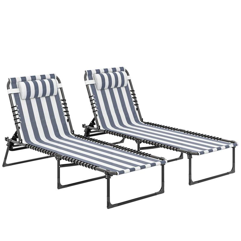 Outsunny Folding Chaise Lounge Chair Set of 2, Patio Sun Tanning Chair, Outdoor Chaise Lounger, Blue and White