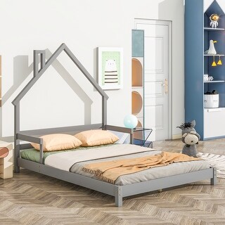 Grey Full Size Pine Wood House-Shaped Headboard Floor Bed with Handrails and Slats