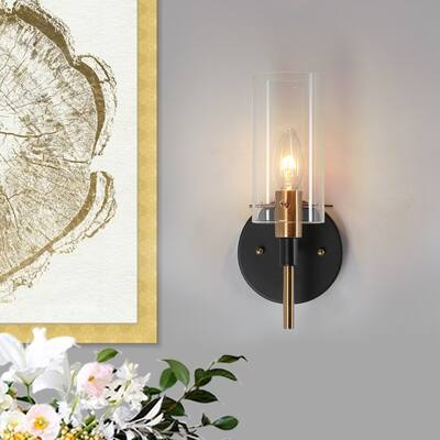 1-Light Modern Black Gold Wall Sconce Light with Glass Shade - 4.7" L x 5" W x 11" H