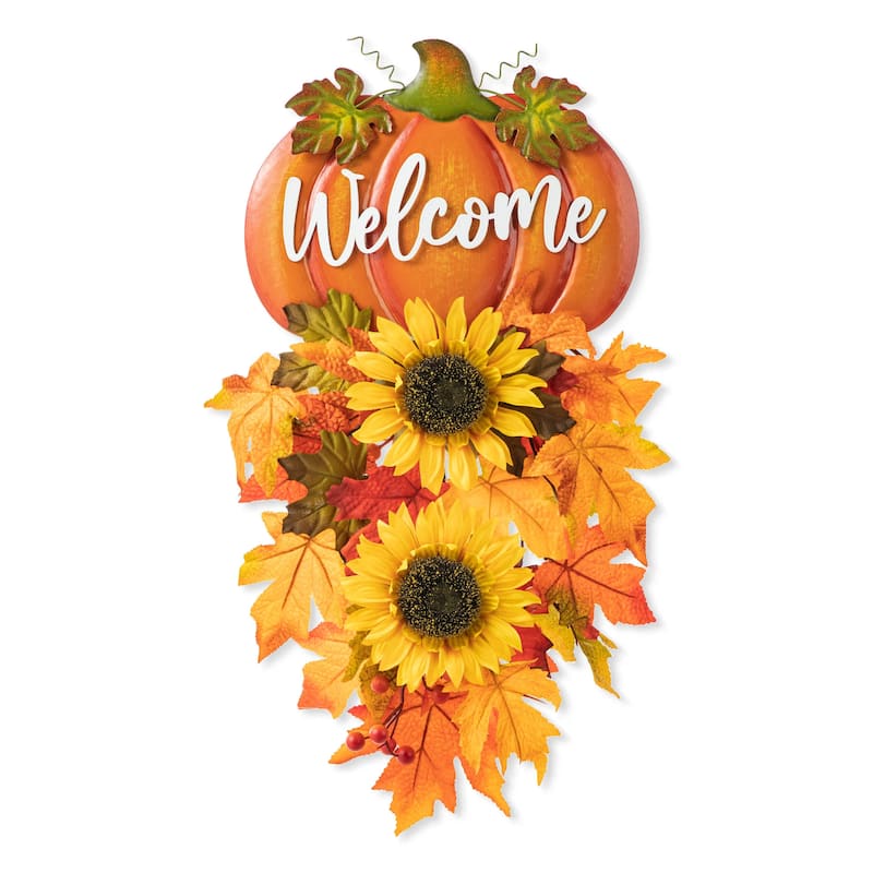 Glitzhome 22.5"H Fall Metal Welcome Pumpkin and Sunflower Swag Thanksgiving Wall Decor