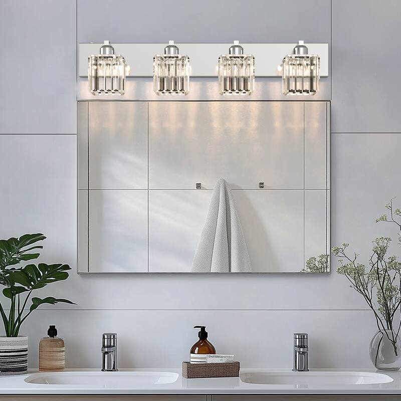 YANSUN 4-Light Vanity Light Fixture with Square Chrome Frame and Crystal Shades