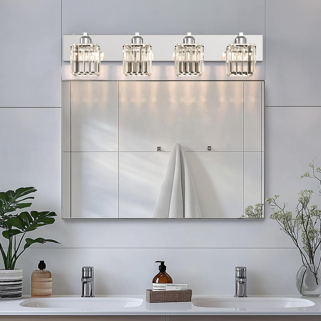 YANSUN 4-Light Vanity Light Fixture with Square Chrome Frame and Crystal Shades