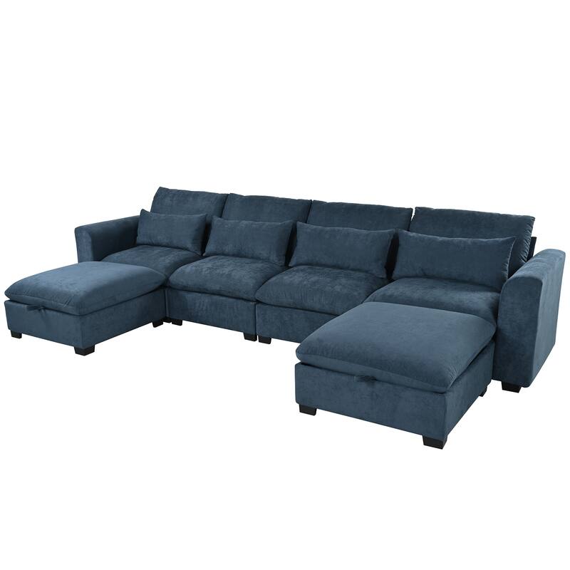 132.3" Linen Blend U-Shaped Sectional Sofa with Ottomans & Storage