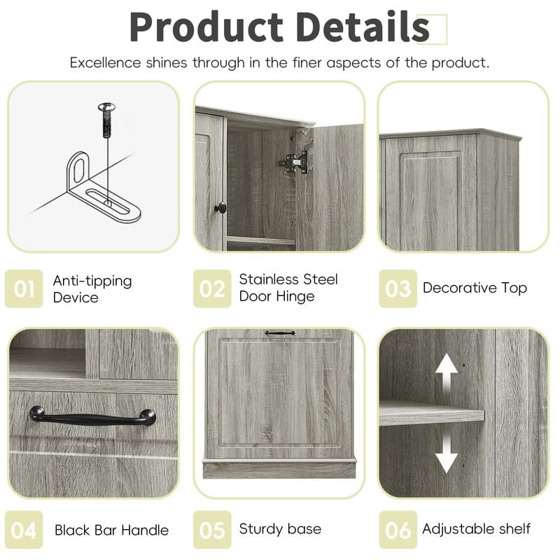 Tall Storage Cabinet with Adjustable Shelves, Large Flip-Out Basket & Enclosed Cabinets