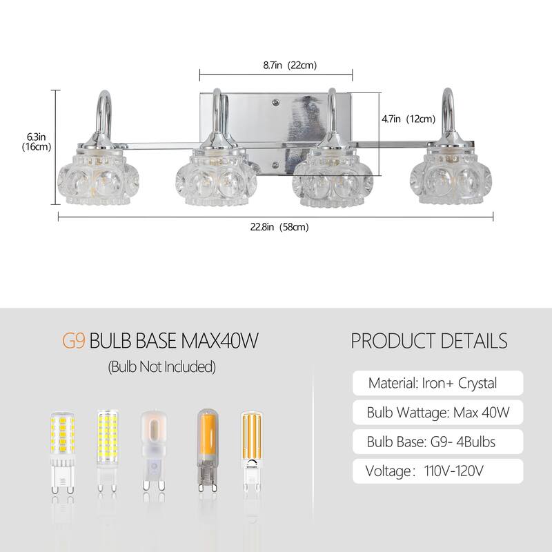 23" Modern Crystal Bathroom Vanity Light, 4-Light Wall Sconce with Clear Glass Shade, Elegant Wall Mount Lighting for Bathroom