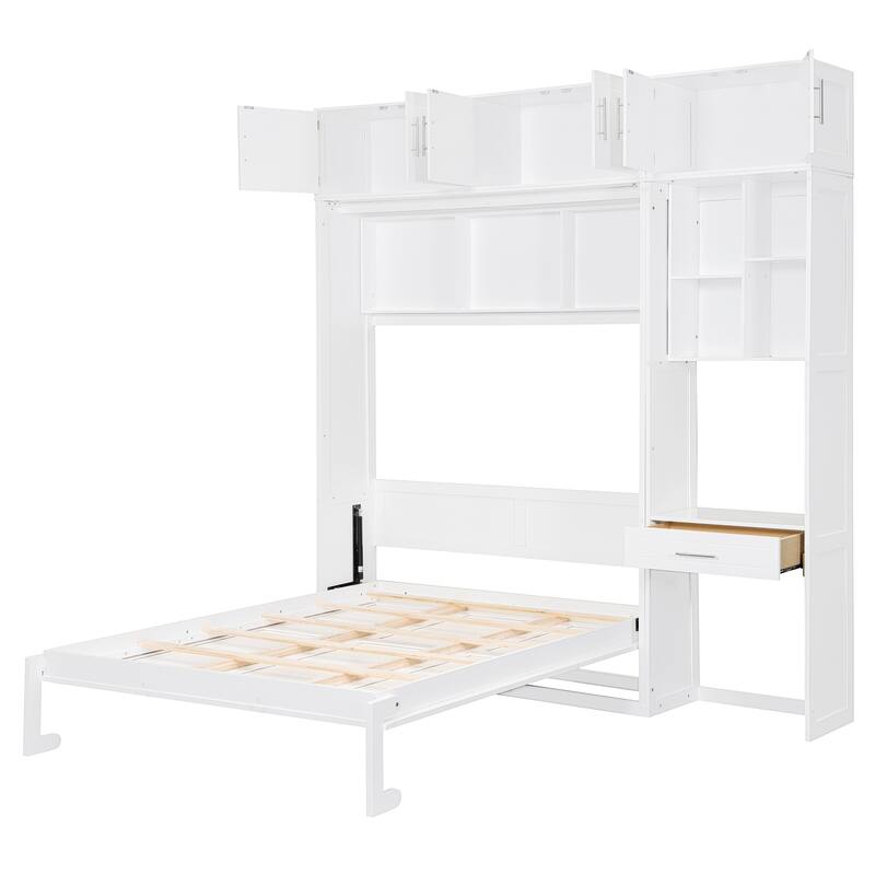 Queen Size Solid Wood Murphy Bed with Built-In Desk, Cabinets & Shelves, Foldable Wall Bed, Multifunctional Storage