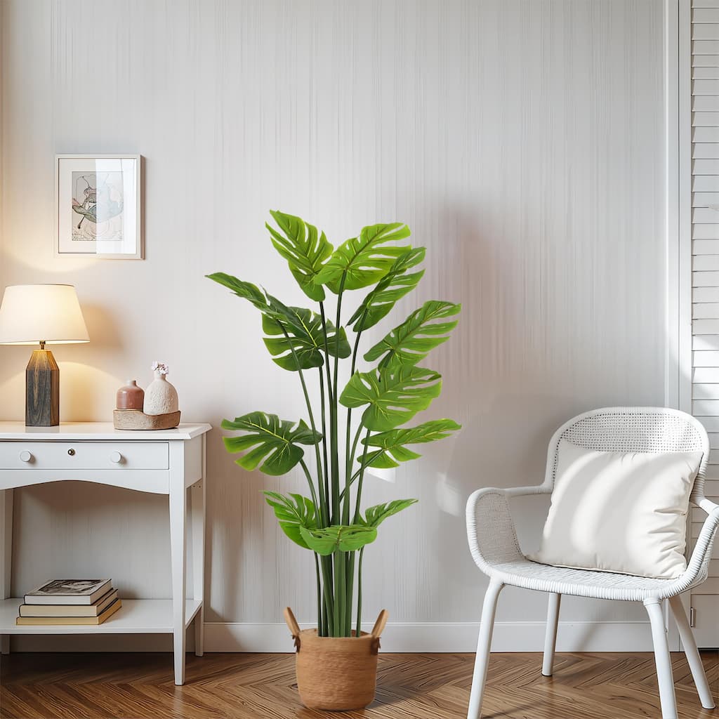 Roomfitters 57" Artificial Monstera Deliciosa Plant with Black Plastic Pot, Realistic Tropical Faux Tree for Indoor Home Decor