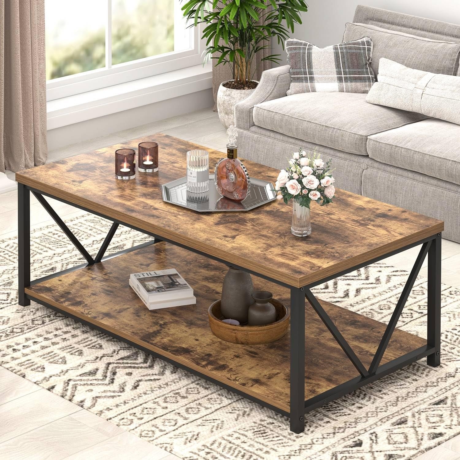 Rustic Wood & Metal Coffee Table with Storage, 47" Brown Industrial Center Table
