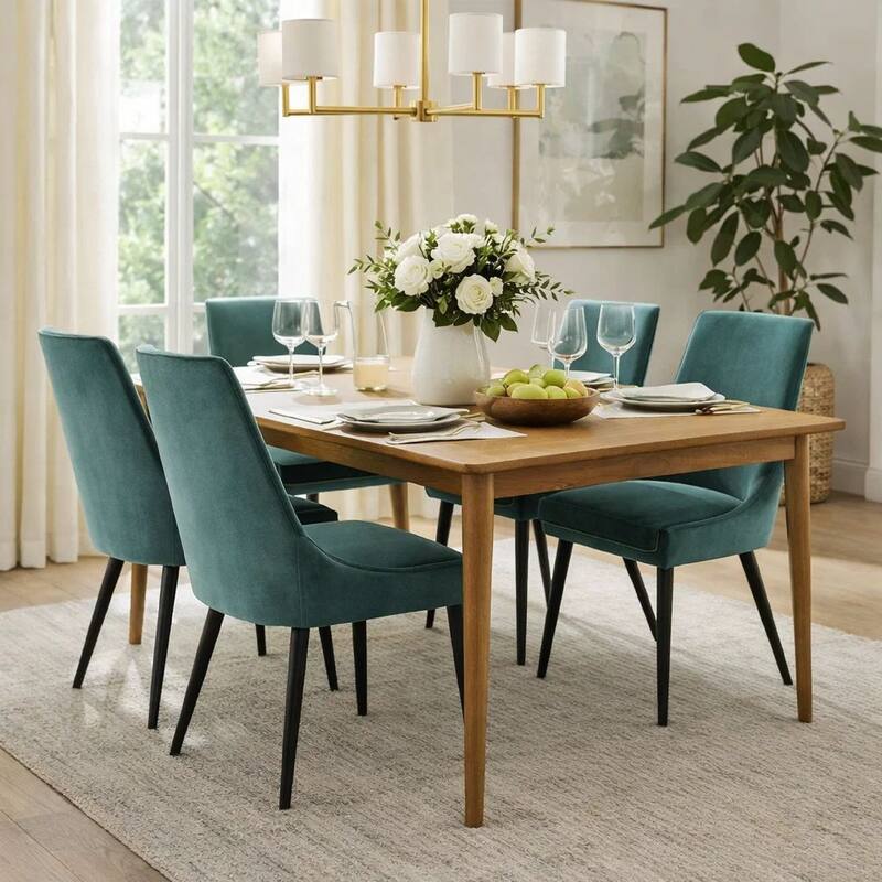 Wils 20 Inch Set of 2 Dining Chairs, Green Velvet, Black Tapered Metal Legs