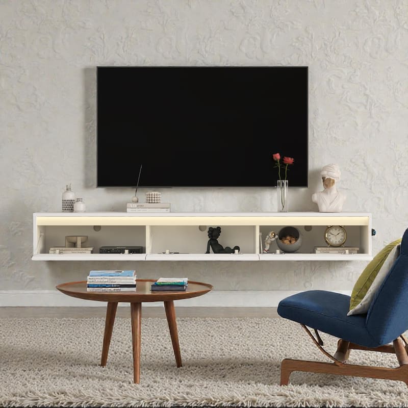 Floating TV Stand with LED Lights and Power Outlet, Wall Mounted High Gloss TV Cabinet for 60-69 Inch TVs