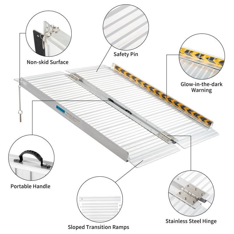 3ft Aluminum Fold Portable Wheelchair Ramp Mobility Handicap Suitcase Threshold - Silver