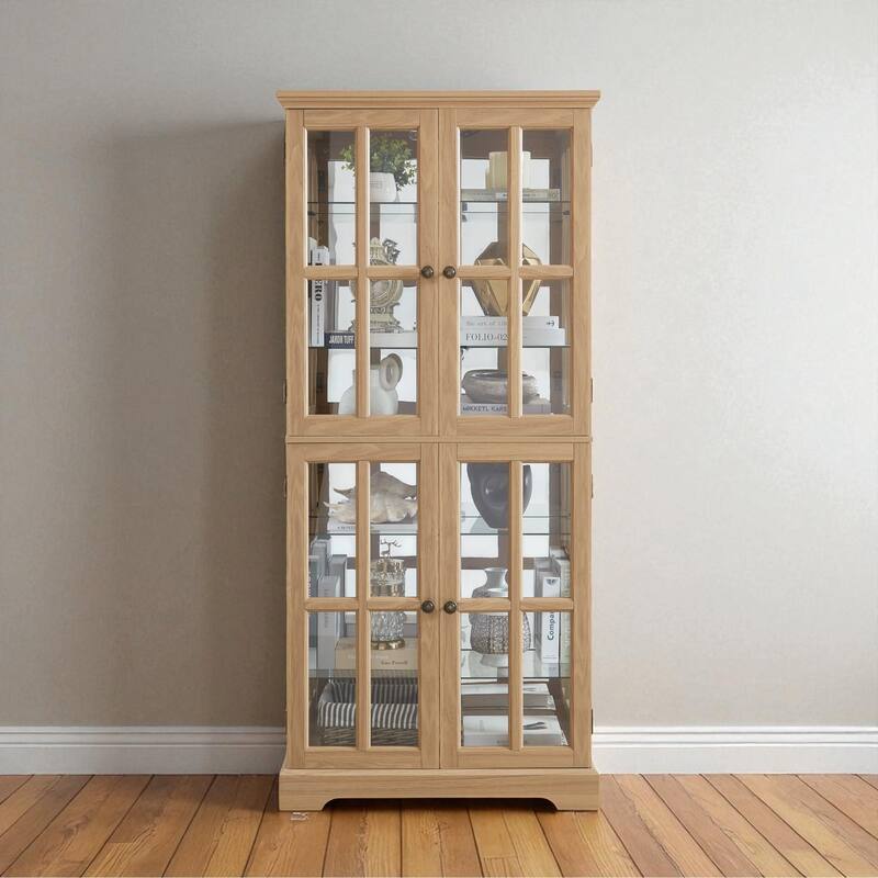 68.7" Antique Curio Display Cabinet with 4 Glass Doors, Adjustable Shelves & Built-in Light for Collectibles and Wine Storage - Oak