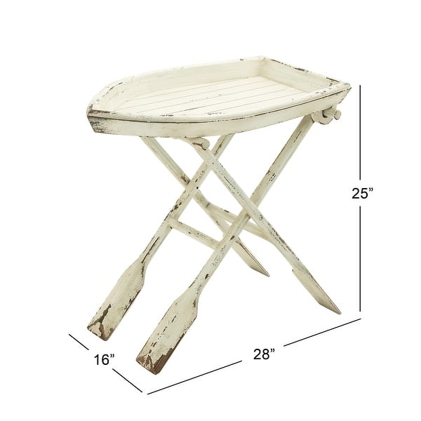 dimension image slide 1 of 2, White Wood Distressed Foldable Tray Top Boat Accent Table with Oar Leg