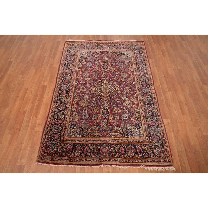 Hand Knotted Oriental 100% Wool Carpet Traditional Floral Red Kashan (Dabir) Area Rug - 6' 6'' X 4' 4''