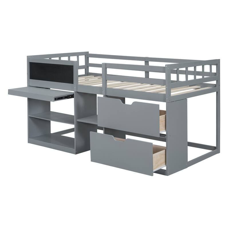 Twin Size Low Loft Bed, Multi-Functional Loft Bed w/Rolling Desk, Blackboard & Drawers, Solid Wood Loftbed Bedframe w/Guardrail
