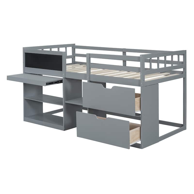 Twin Size Low Loft Bed with Rolling Desk, Shelf and Drawers - Espresso