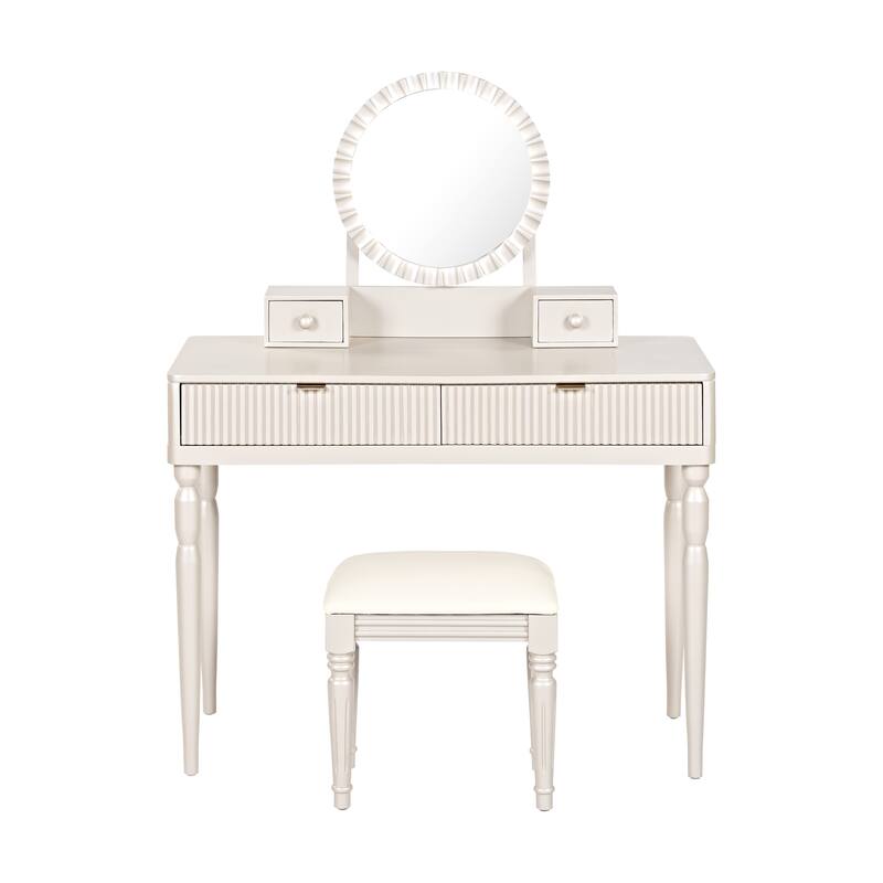 Vanity Desk with Adjustable Round Mirror, Wooden Dressing Table Set, Makeup Vanity Table with 4 Drawers & Cushioned Stool