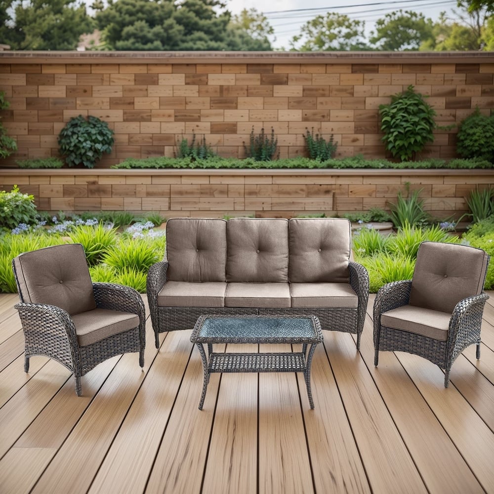 Gymojoy 4-Piece Outdoor Wicker Patio Furniture with 3 Seat Sofa, Rattan Coversation Set with Water Resistant Cushions