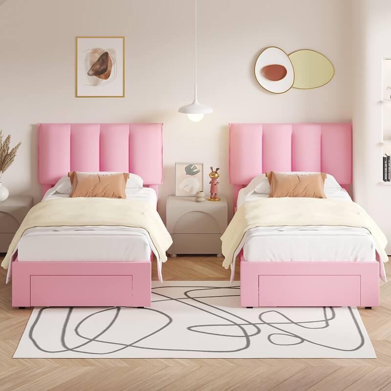VECELO Set of 2 Kids Bed Frame with Storage Drawer Height Adjustable Upholstered Bed Twin Size Bed