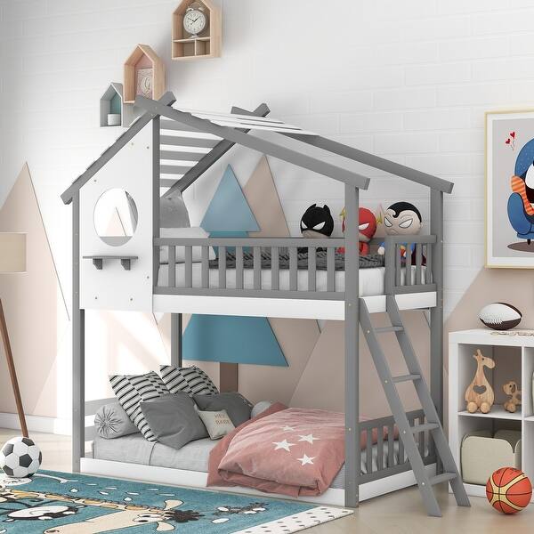 slide 2 of 16, Twin over Twin Size Solid Wood Bunk Bed Wood Bed with Roof, Window, Ladder Gray