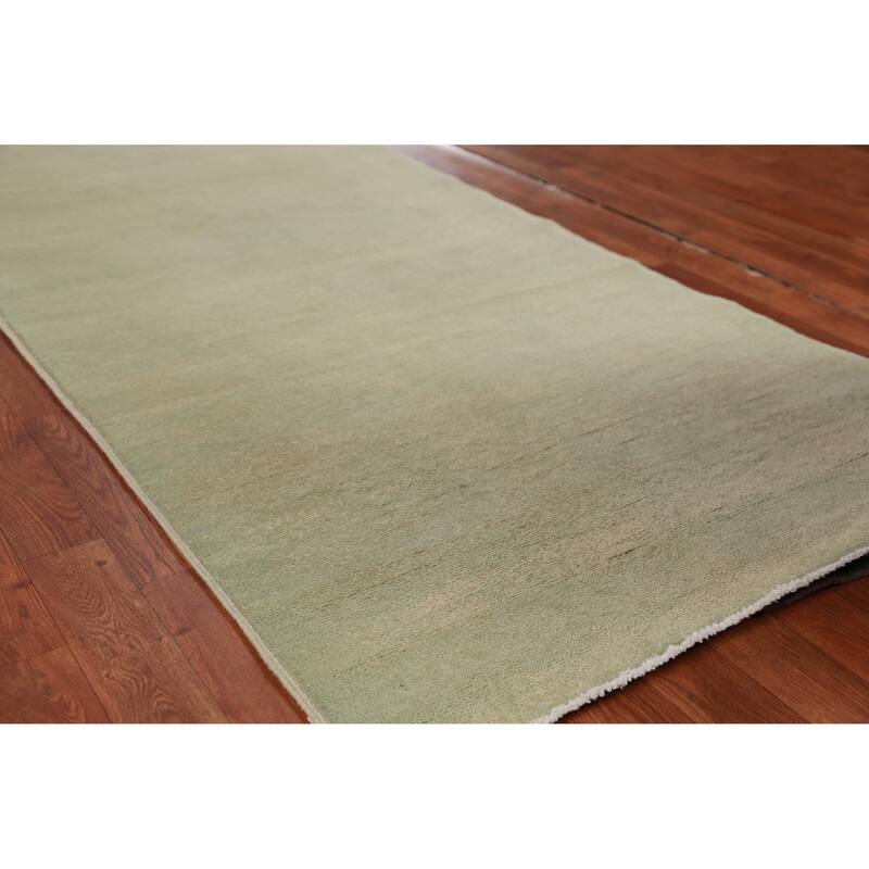 Hand Knotted Oriental 100% Wool Carpet Modern Solid Green Gabbeh Runner Rug - 9' 10'' X 3' 2''