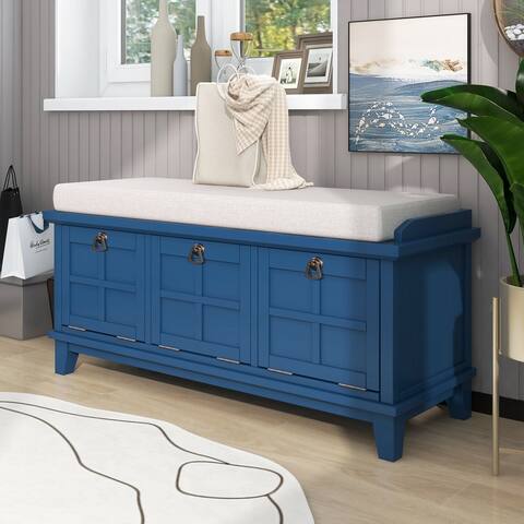 Upholstered Storage Bench & Unique Removable Seat Cushion Design with 3 Drop Down Storage Doors and Spacious Storage Space