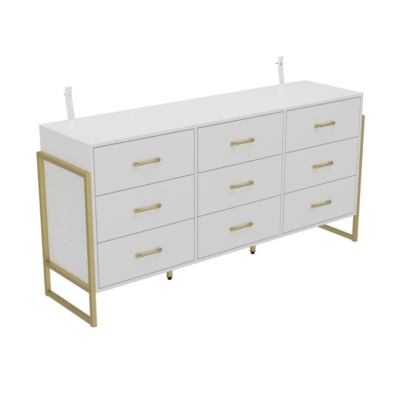 61.4” White 9-Drawer Dresser with Gold Metal Frame, Modern Storage Cabinet for Bedroom, Living Room or Entryway