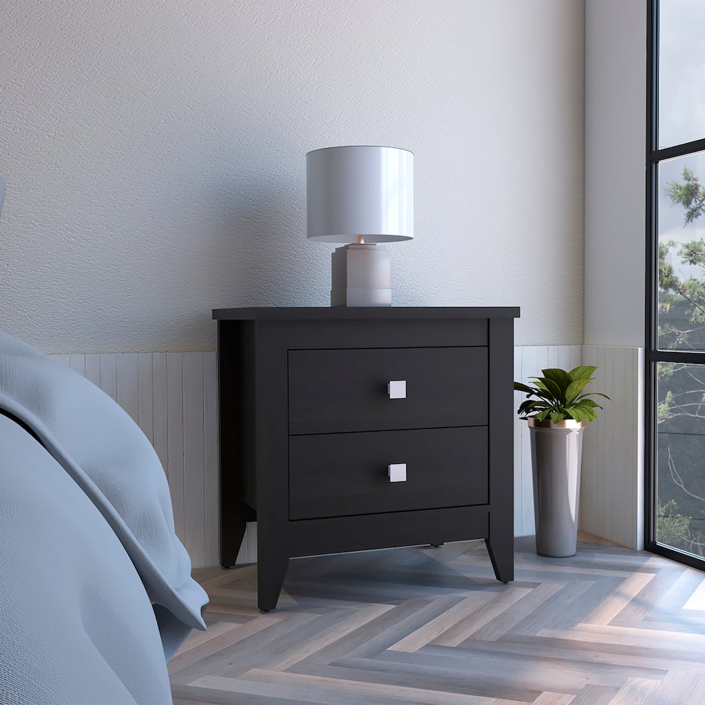 Black Nightstand with Two Drawers and Four Wooden Legs