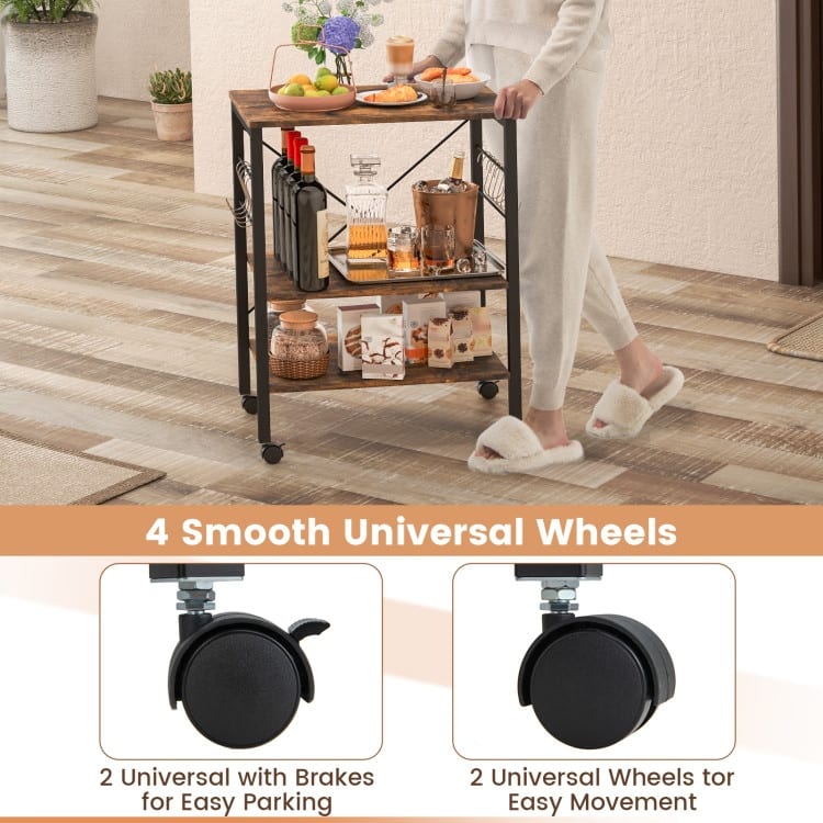 3-Tier Kitchen Baker's Rack Microwave Oven Storage Cart with Hooks - 23.5" x 16" x 29" (L x W x H)