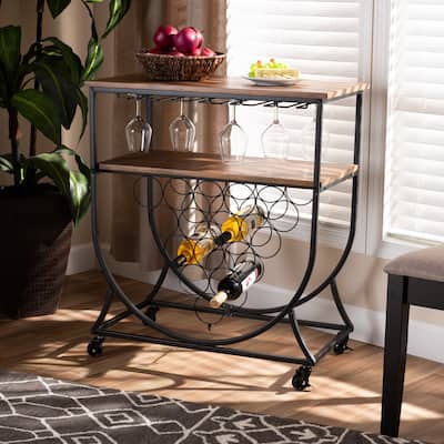 Dania Antique Vintage Industrial Metal and Wood Mobile Wine Bar Cart