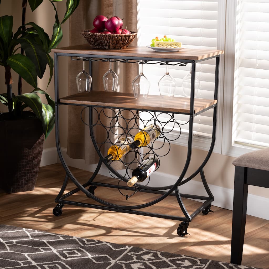 Dania Antique Vintage Industrial Metal and Wood Mobile Wine Bar Cart