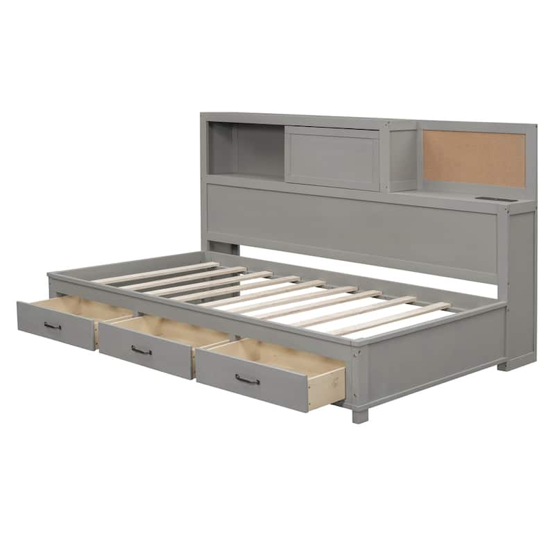 Twin Size Wooden Daybed with Drawers,A Set of Sockets and USB Ports