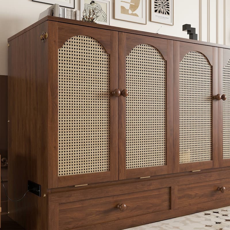 Queen Size Murphy Bed with Drawer Pine Wood Cabinet Bed with Power Station and Rattan Decoration Panel